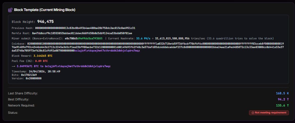 Bitcoin solo mining dashboard showing live hashrate and shares