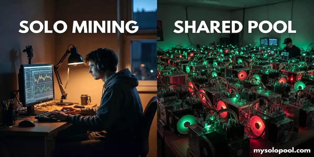 Mining pools vs solo mining comparison - share payouts versus full block reward