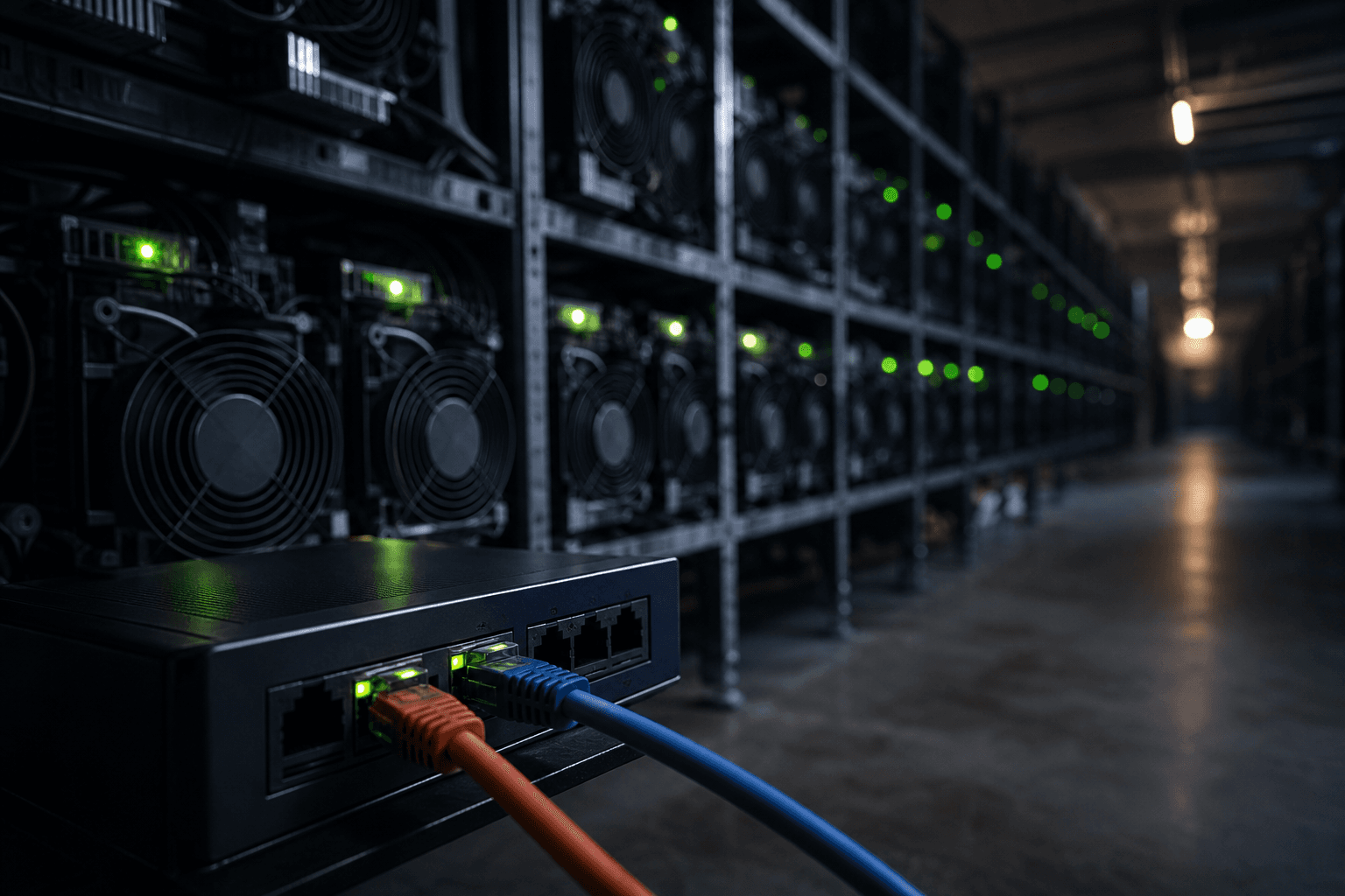 Rack of ASIC miners with a monitoring dashboard showing pool failover status