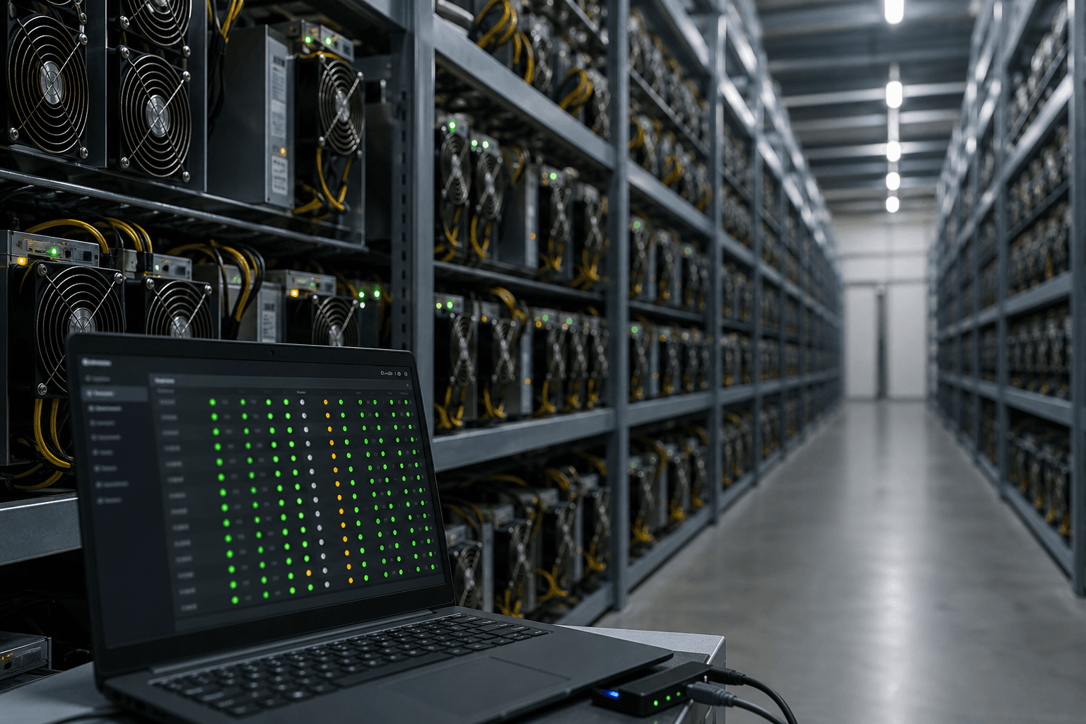 Rows of labeled mining rigs in a rack used to track worker identity during fleet recovery