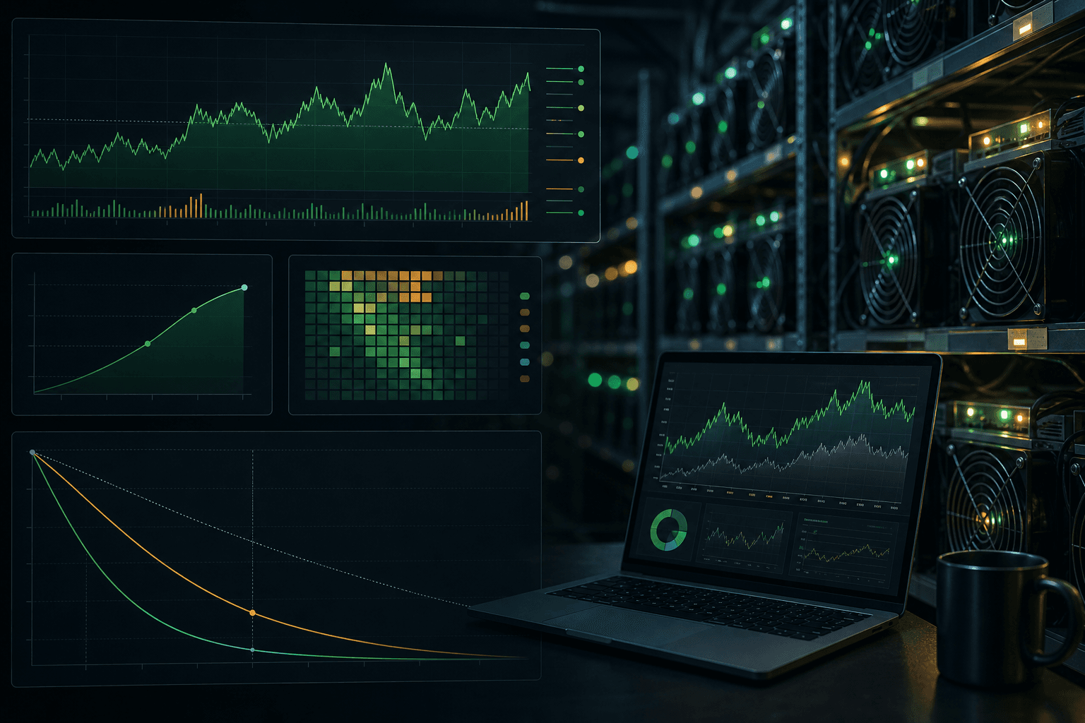 Solo miner tracking block luck probability charts on a monitor next to an ASIC rig