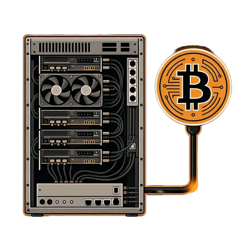 Bitcoin mining server rack connected to Bitcoin logo - illustrating the mining process